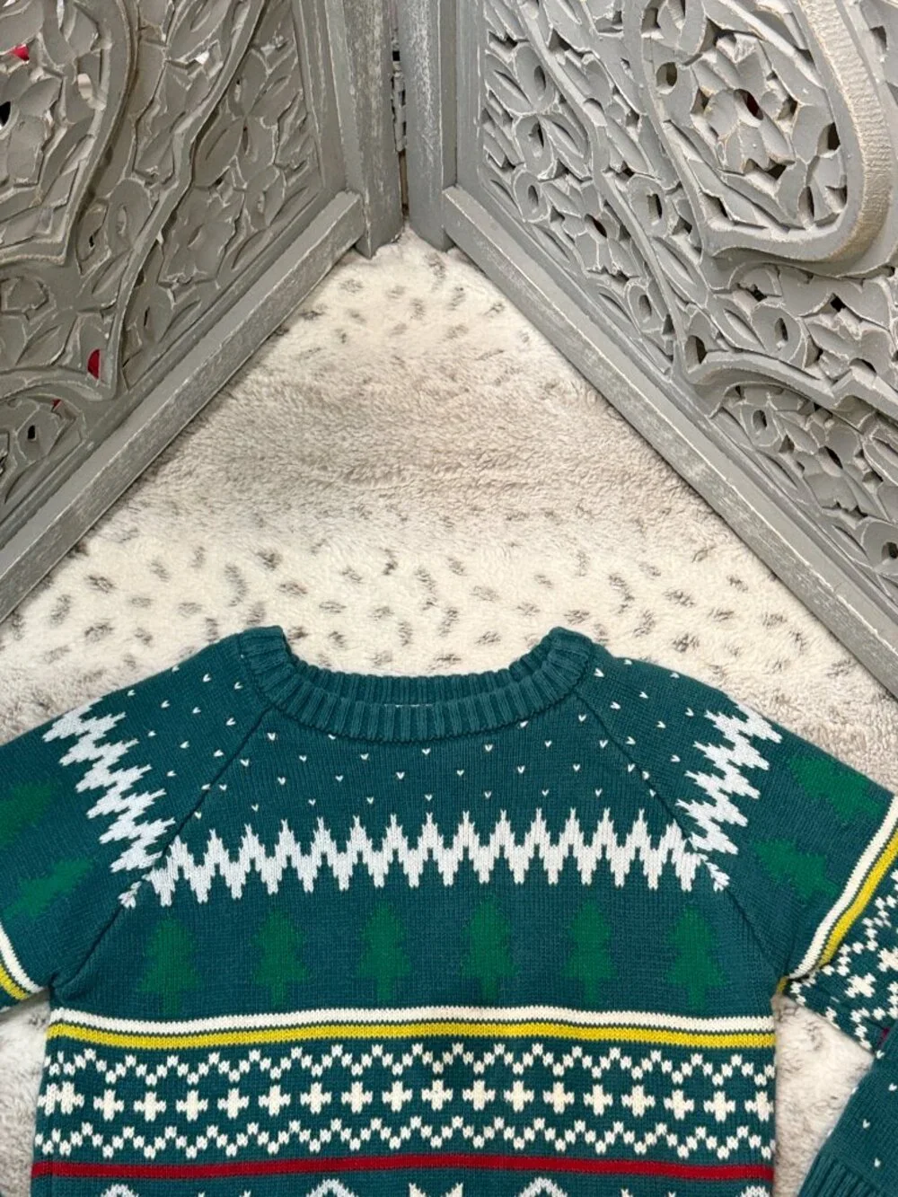 Hanna Andersson green Ugly Christmas Sweater boys 5T snowflakes trees winter